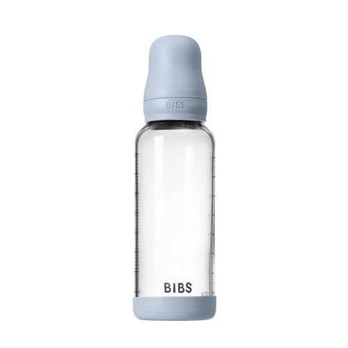 Image of BIBS Baby Glass Bottle. 8 US fl oz / 240 ml. Anti-Colic. Vented Round Natural Rubber Latex Nipple. Supports Natural Breastfeeding, Medium Flow, Complete Set - Baby Blue