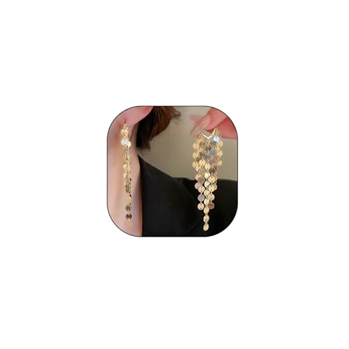 Long Sequin Tassel Statement Dangle Earrings for Women Boho Multilayer Gold Chandelier Hoop Earrings Shiny Multiple Sequin Drop Earrings Jewelry Gift (Gold)