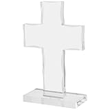LOORGVEL Acryl Stehkreuz mit Sockel Transparent 15x10x1cm Tischdekoration Taufe Glaubenskreuz Christliches Wandkreuz für Kirche Wohnraum und Büro