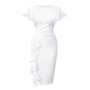 Memoriesea Women’s Vintage Church Ruffle Sleeve Ruched Bodycon Work Midi Pencil Dress