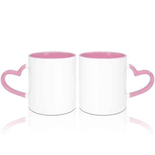 MR.R Tazas de café en blanco de sublimación de 325 ml, taza blanca con taza de color rosa interior y mango de corazón, juego de 2