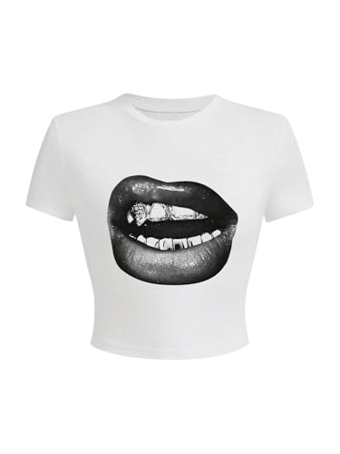 Women's Lip Print T Shirts Short Sleeve Crewneck Fitted Crop Tops Graphic Tee