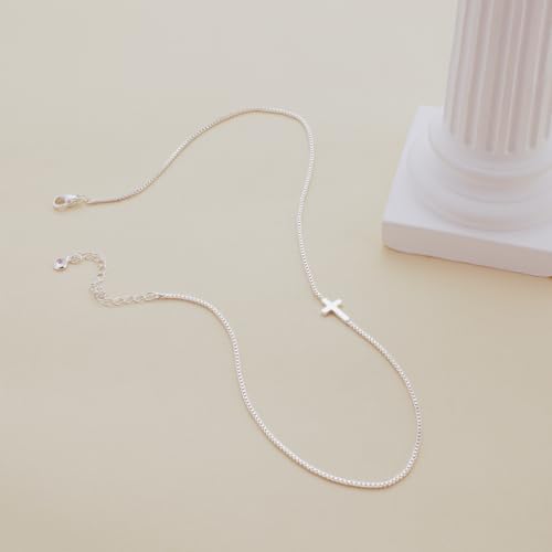 Rotnso Cross Necklace for Women Silver Plated Dainty Small Sideways Cross Pendant Choker Simple Trendy Cute Cross Charm Box Chain Necklace Easter Basket Stuffers Baptism Religious Faith Jewelry Gift