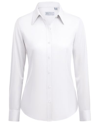 siliteelon Button Down Shirts for Women: Wrinkle Free Long Sleeve Classic Fit Collared Dress Shirt Solid Formal Office White M