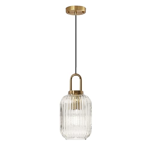 XIRYTU-H Lampadario Moderno in Vetro Trasparente a Righe, Lampada a Sospensione Regolabile con Finitura Ottone, Plafoniera E27 per Isola della Cucina, Sala da Pranzo, Camera da Letto (14CM)