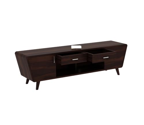 Image of Sheesham Wood TV Unit with 2 Drawers, 2 Shelves, and 2-Door Storage - Fits up to 60-inch TV - Solid Living Room Furniture (Ezra, Walnut Finish)