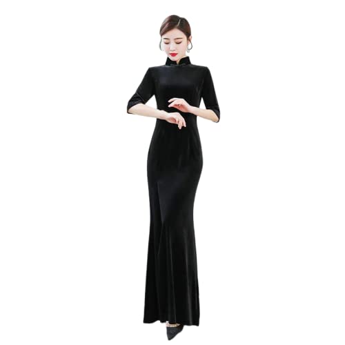 Vestido Chino De Mujer - Otoño Invierno Cálido Terciopelo Slim Long Qipao Mujeres Vintage Vestido Chino Oriental Ropa Tradicional Stand Collar Manga Larga Cheongsam, Negro, M