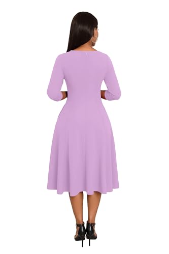 Image of Nmoder Midi Dresses for Women A-Line Fit and Flare Dress 3 /4 Sleeve V Neck Cocktail Wedding Guest Work Dress with Pockets