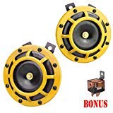 Eletric Car Horn Kit 12V 135db Super Loud High Tone and Low Tone Metal Twin Horn Kit with Bracket for Cars Trucks SUVs RVs Vans Motorcycles Off road Boats(Yellow)