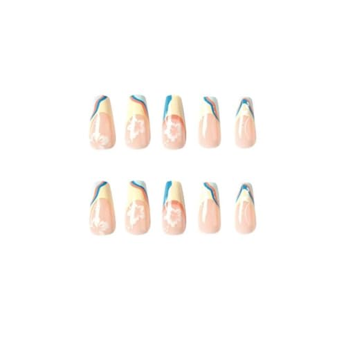 Image of French Tip Press on Nails Yellow Blue Fake Nails with White Flower Design Nude Glossy Glue on Nails Medium Coffin False Nails Artificial Acrylic Full Cover Stick on Nails for Women Manicure 24Pcs