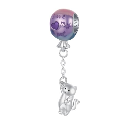 Dije de gato volador en plata de ley 925 con globo morado para pulseras 1