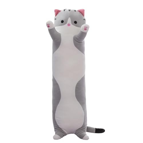 SHINUOER Cute Cat Plush Long Body Pillow – Soft Cartoon Stuffed Animal Doll, Kawaii Cat Plushie Toy Pillow Gifts for Kids, Girls & Girlfriend (Gray,...
