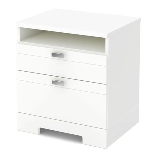South Shore Reevo 2-Drawer Nightstand, Pure White with Matte Nickel Handles