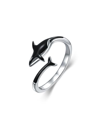 Ocean Open Ring 925 Sterling Silver Orca/Killer Whale/Shark/Manta Ray Adjustable Ring Animal Lovers Jewelry Ocean Gift for Friend/Daughter/Mother, Size 7