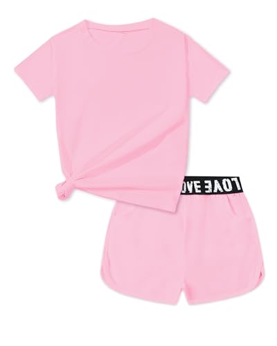 Image of Bestuline Girls Summer 2 Piece Outfits,Basic Short Sleeve Top & Shorts Set with Side Pockets,4-14Y