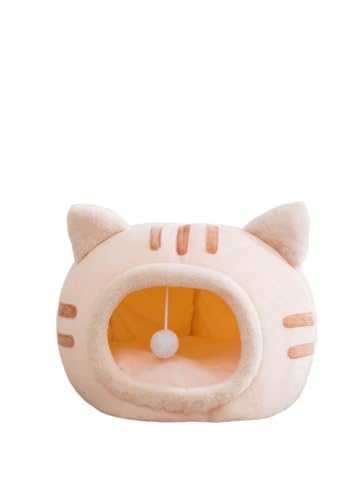 Auybuig 秋冬保温ペットベッド 猫用ドーム型ベッド 小型犬用防寒ハウス 半密閉式デザイン 厚手保温素材 折りたたみマット付き 室内屋外兼用 猫造型ベッド リビング寝室バルコニー設置 (S,粉色猫??)