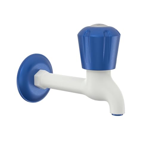 Image of RN PTMT Superior Plastic Faucet Bib Cock Long Body with Flange Water Tap Supernova Collection RNSUP02A03 - White, Metallic Blue | 15mm(1 /2 inch) Cartridge