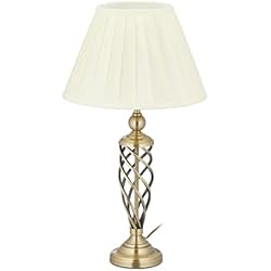 Lampara Noche Antigua Relaxdays Lámpara Mesita Noche, Diseño Antiguo, Pantalla Tela, Luz Mesa, Base Metálica Ondulada, 58x32cm, Latón y Blanco
