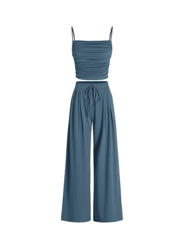 CIDER Women Square Neck Ruched Top Wide Leg Trousers High Waist Matching Set Lounge Sets Outfit