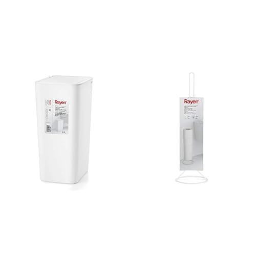 Set poubelle salle de bain 9L Rayen et son support de papier toilette blanc et gris