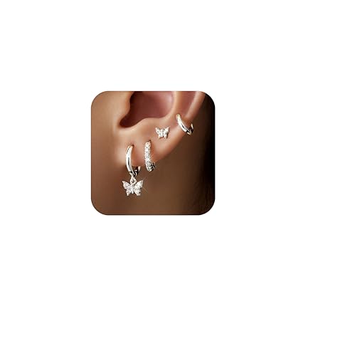 Silver Butterfly Earrings for Women,Huggie Small Stack Cartilage Stud Hoop Earring Sets for Multiple Double Piercing, Conch Helix Rook Tragus Daith Piercing Silver Clip On Jewelry Set Gifts