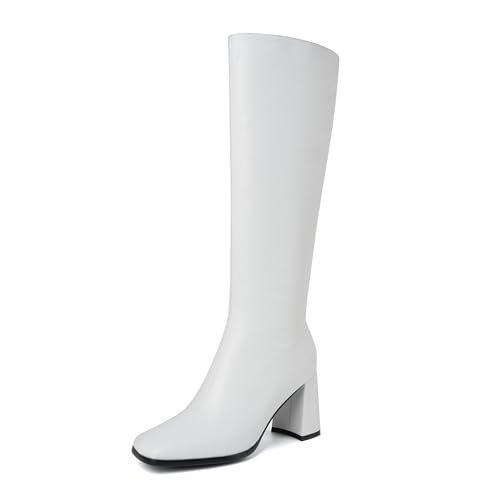 Discover the Best White Boots for Fall! 13 olomisa Knee High Boots for Women Square Toe Chunky Heel Boots Block Heel PU Long Boots Side Zipper Tall Boots