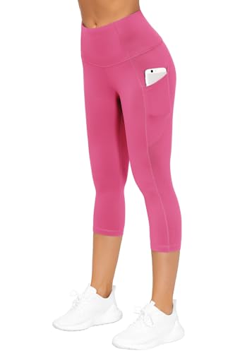 Image of THE GYM PEOPLE Thick High Waist Capris Yoga Pants with Pockets, Tummy Control Workout Running Yoga Leggings for Women