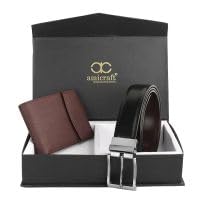 Image of Amicraft Faux Leather Men's Wallet & Belt Combo Set Black Brown Reversible Gift set