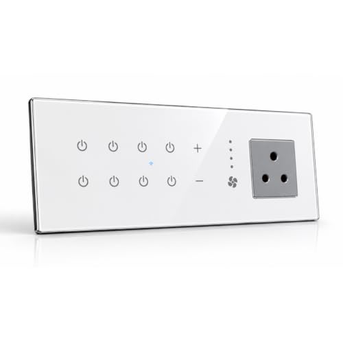 Image of Smarteefi WiFi Glass Touch Smart Switch Board| Toughened Glass| 9 Ports (7 Switch + 1 Regulator + 1 Socket)| Guaranteed Schedules| Compatible with Alexa, Google Home (White, FT81-8M-262mmx90mmx40mm)
