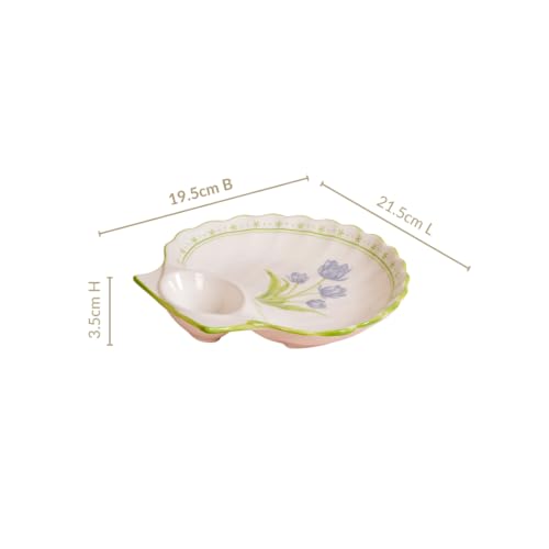 Image of Nestasia Ceramic Snack Plates Set of 2 - Serving Plate with Dip Section for Chutney or Sauce | Microwave & Dishwasher Safe Shell Shaped Design with Floral Print - Perfect for Fries, Momos, Kebab