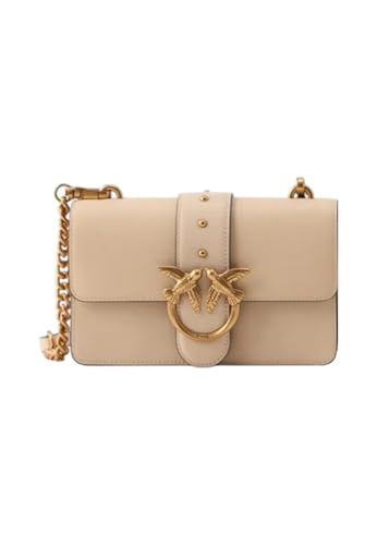 Borsa A Tracolla Pinko Love One Borsa a Tracolla in Pelle Beige, Chiusura con Patta, Divisorio con Cerniera, Tracolla Regolabile con Catena, 21 x 15 x 7 cm