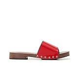 ATBELL Womens's Red Patent Leather Slides Wooden Style Block Heel Sandal Open Toe Platform Clogs Rivet Studed Slip On Summer Mules in Size 7