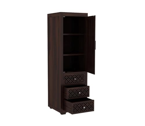 Image of Sheesham Wood Wooden Single Door Wardrobe Organizer for Clothes | - Solid Wood Almirah with 3 Drawers, 3 Shelves - Cupboard for Large Bedroom, Walnut Finish