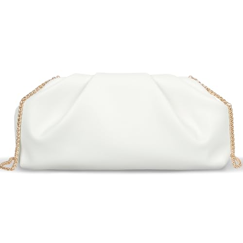Winsegom Cloud Dumpling Pleated Clutches Bag for Women Evening Bag with Chain Strap Soft PU Leather Ladies Crossbody Shoulder Bags for Wedding Party Prom Valentines Day Gifts (White)