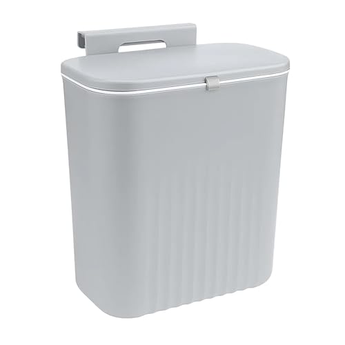 9L Kitchen Bin Hanging Trash Bin with Odor Lock Lid Slim Under Sink Garbage Can for Kitchens Food Waste Caddy Fits Cabinet Doors Grey