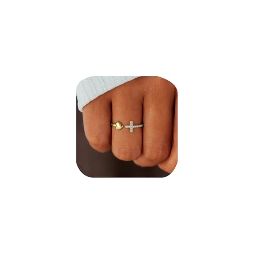 Cross Rings for Teen Girls Silver/Gold Heart Ring Cubic Zirconia Adjustable Ring Inspirational Pray Cross Heart Religious Christian Faith Jewelry Gifts for Her(Gold)8#