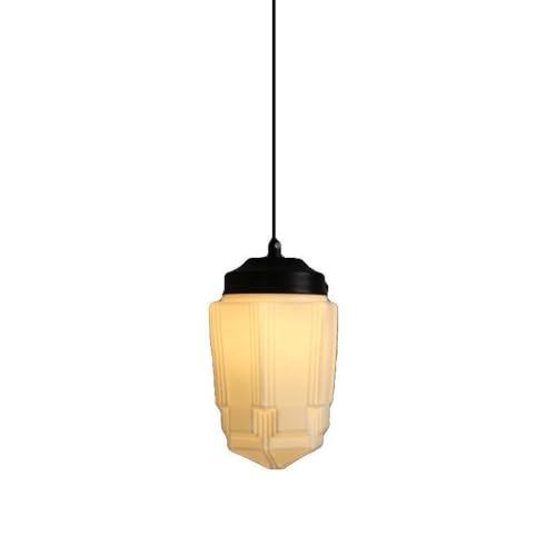 Art Deco Vintage Chandelier Fluted Stepped Glass Pendant Lamp Black Metal E26 Geometric Shade...