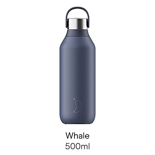 Chilly's Series 2 Water Bottle - Vacuum Insulated Stainless Steel Water Bottle with Soft Collar & Carry Loop, Thermal Flask For Hot & Cold Drinks - Leak Proof, No Sweat - Whale Blue, 500ml