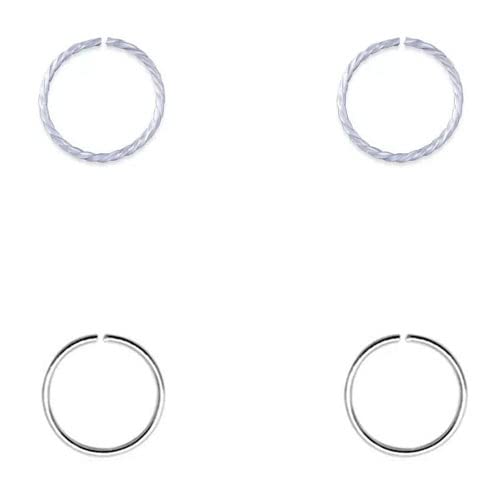 Tienda 4 aros nariz finos, plata de ley 925 sin cierre, 9mm diámetro interior, 0,6mm grosor, 2 aros lisos mas 2 aros trenzados.