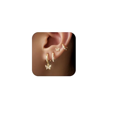 Gold Butterfly Earrings for Women,Huggie Small Stack Cartilage Stud Hoop Earring Sets for Multiple Double Piercing, Conch Helix Rook Tragus Daith Piercing Gold Clip On Jewelry Set Gifts
