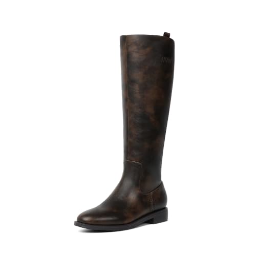 Image of Modatope Knee High Boots Women Rounded Toe Flat Retro Bais Opening Low Chunky Heel Riding Boots