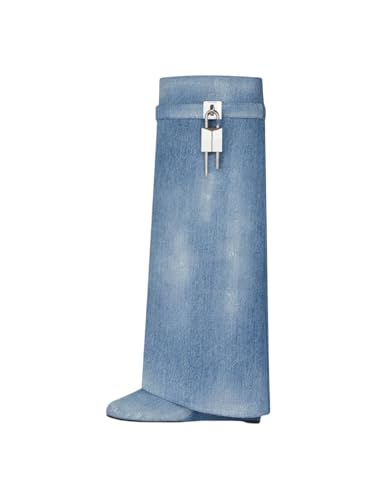 Rhinestones Fold Over Knee High Boots for Women Shark Lock Boots High Shaft Wide Calf Fashion Boots Pull on Party Shoes