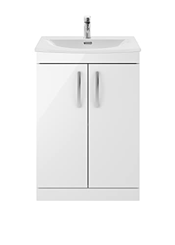 Image of nuie Modern Bathroom Floor Standing 2 Soft Close Doors Vanity Unit with Curved Ceramic Basin with 30mm Profile, 600mm, Gloss White, Manufactured Wood