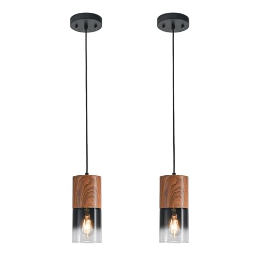 Image of 2-Pack Modern Pendant Lights for Kitchen Island, Adjustable Black Pendant Light Fixtures with Brown Wood Grain, Industrial Glass Pendant Lights for Dining Table Hallway Bedroom Living Room