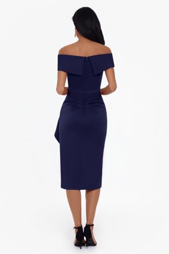 Image of Xscape Knee Length Off-The-Shoulder Scuba Side Slit Dress, Midnight Navy Blue, 6