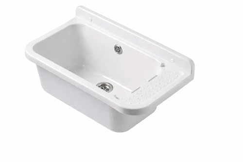 Évier mural/poste d’eau utilitaire 50 cm en polypropylène blanc – Bonde inox + trop-plein – Cuve 37x27x21 cm – Intérieur/extérieur