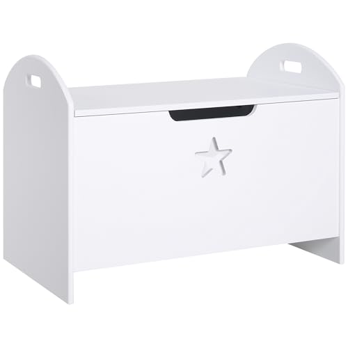 HOMCOM Baúl de Almacenaje Organizador de Juguete de Niño Tapa Reversible Diseño con Seguridad 62x40x46,5 cm Amplio Espacio Carga 20 kg Blanco