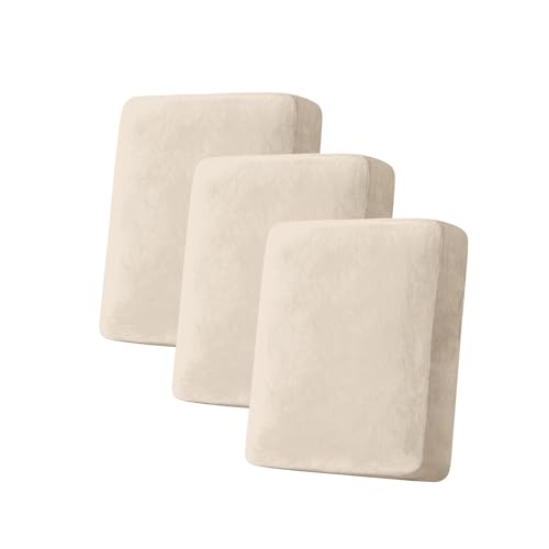 Taque Couch Cover Stretch Velvet Sofa Cushion Cover 3-Piece - Elastic Washable Slipcover for Seat or Backrest, Couch Seat Covers for Sofas (Cream)