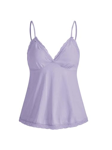 SHENHE Women's Lace Tank Top V Neck Sleeveless Cami Shirts Y2K Flowy Summer Babydoll Tops Purple Medium