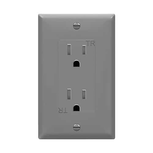 Image of ENERLITES Decorator Receptacle Outlet with Wall Plate, Tamper-Resistant, Gloss Finish, Residential Grade, 3-Wire, Self-Grounding, 2-Pole, 15A 125V, UL Listed, 61501-TR-GYWP, Gray
